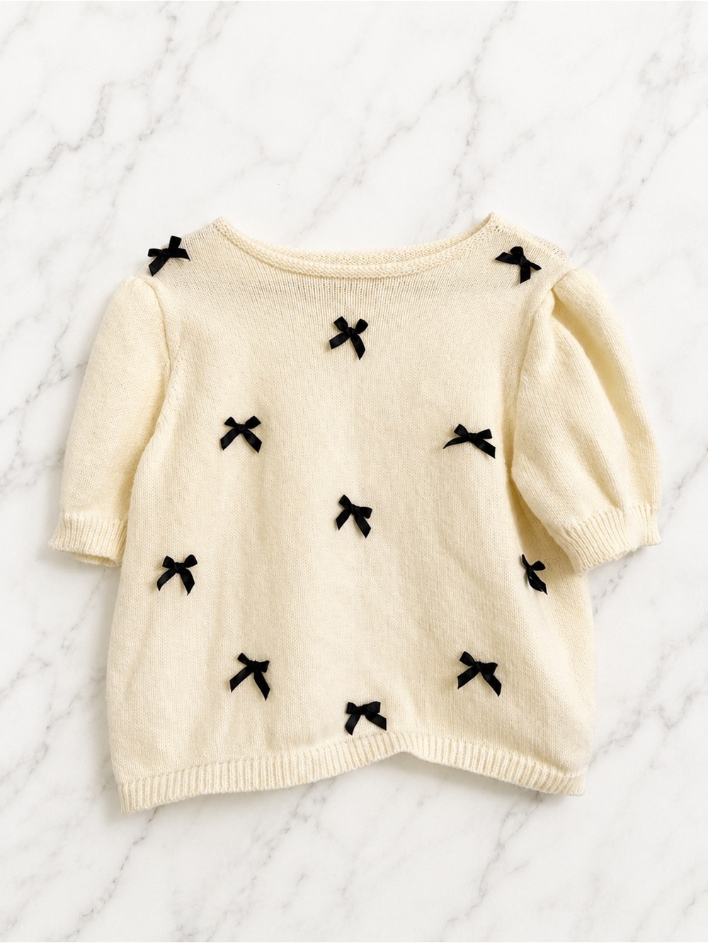 Cream Sweater Top with Black Bow Accents